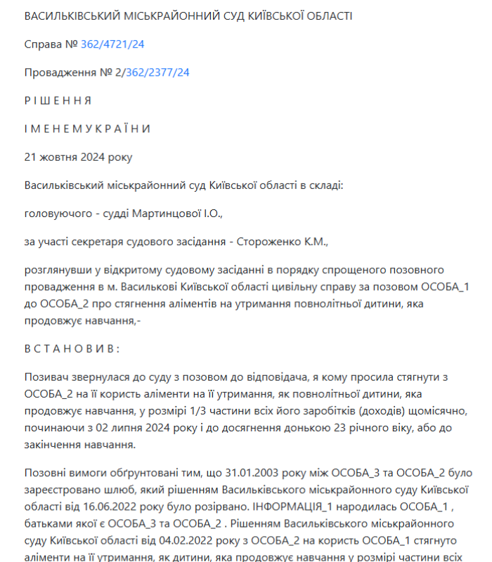 Стягнення аліментів на повнолітню дитину